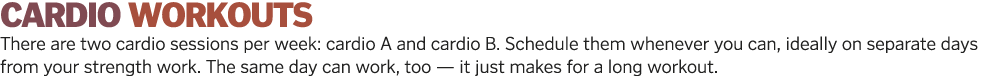 CARDIO WORKOUTS There are two cardio sessions per week: cardio A and cardio B  Schedule them whenever you can, ideall   