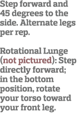 Step forward and 45 degrees to the side  Alternate legs per rep  Rotational Lunge (not pictured): Step directly forwa   