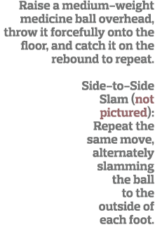 Raise a medium-weight medicine ball overhead, throw it forcefully onto the floor, and catch it on the rebound to repe   