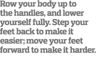 Row your body up to the handles, and lower yourself fully  Step your feet back to make it easier; move your feet forw   