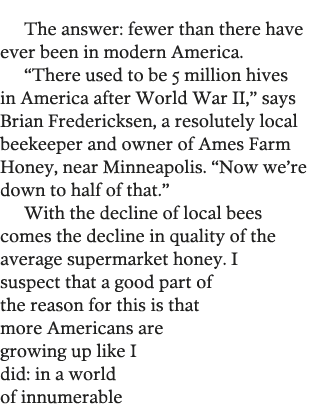 The answer: fewer than there have ever been in modern America   There used to be 5 million hives in America after Wor   