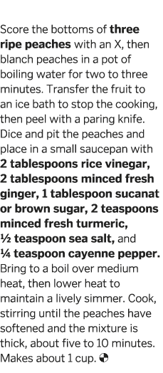Peach Chutney Score the bottoms of three ripe peaches with an X, then blanch peaches in a pot of boiling water for tw   