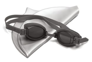 Glasses and cap for swimming on a white background