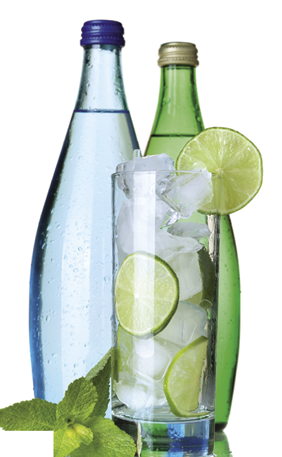 Glass of water with lime and ice, two bottles with mineral water  Isolated on white background 