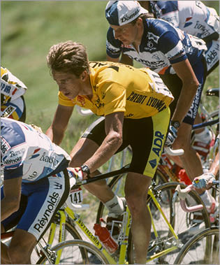  L-R  Laurent Fignon  Pedro Delgado  Greg Lemond  yellow jersey   Beat Breu  Robert Millar and Steven Rooks compete during stage 17  Briancon - L Alpe d Huez  of the 1989 Tour de France     Photo by Jean-Yves Ruszniewski Corbis VCG via Getty Images 