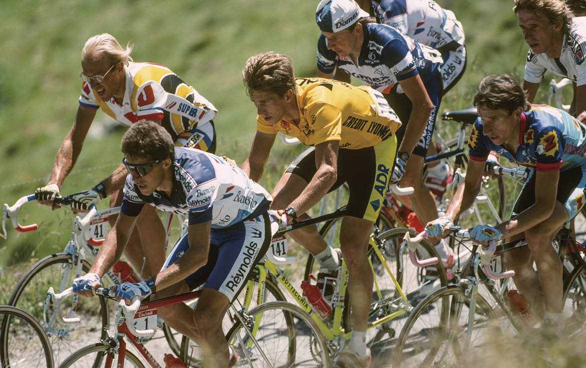  L-R  Laurent Fignon  Pedro Delgado  Greg Lemond  yellow jersey   Beat Breu  Robert Millar and Steven Rooks compete during stage 17  Briancon - L Alpe d Huez  of the 1989 Tour de France     Photo by Jean-Yves Ruszniewski Corbis VCG via Getty Images 