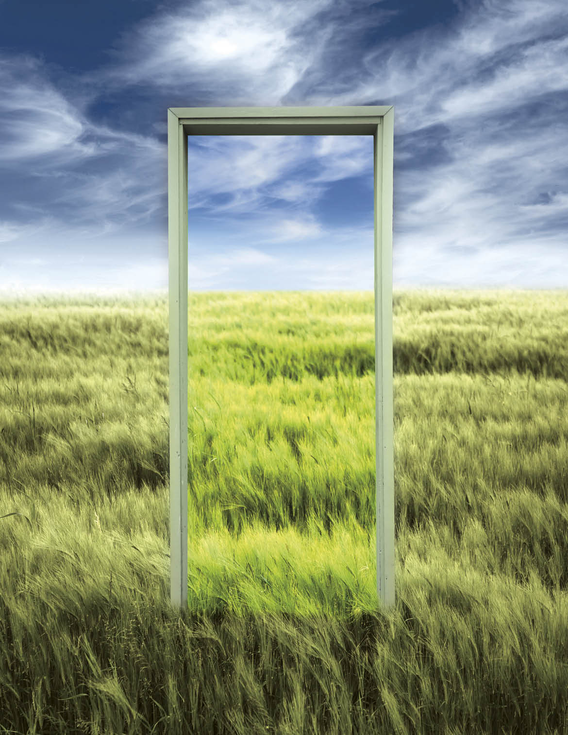 Opening door to green field