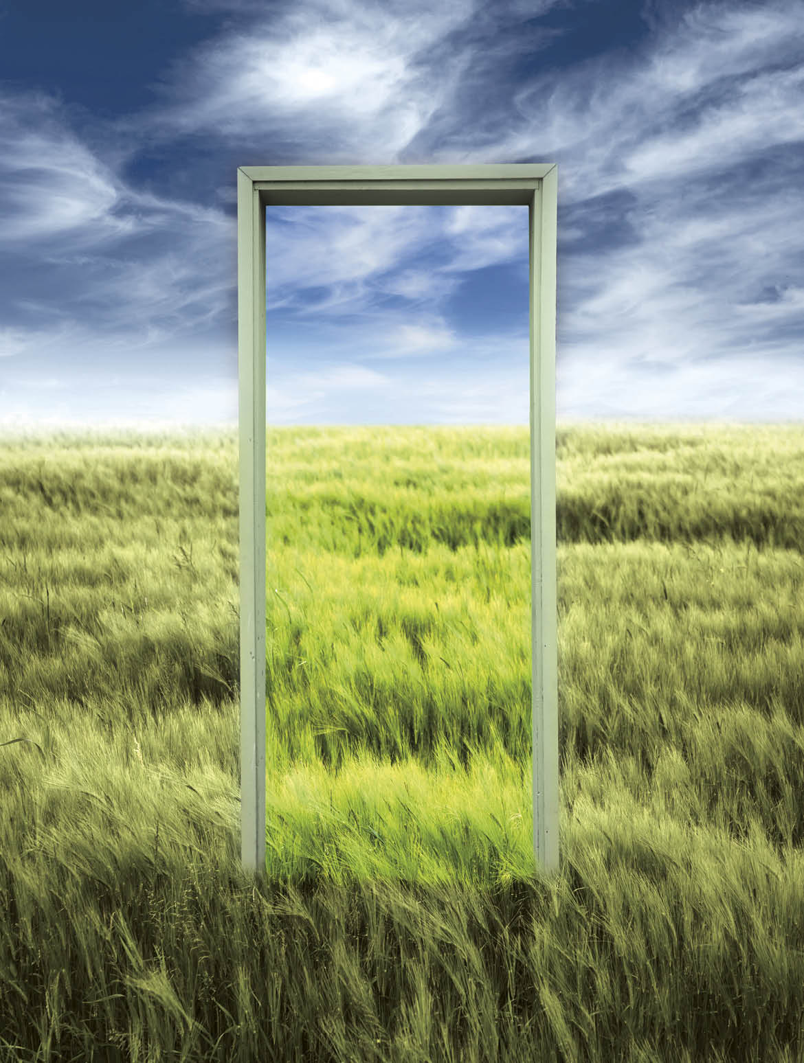 Opening door to green field