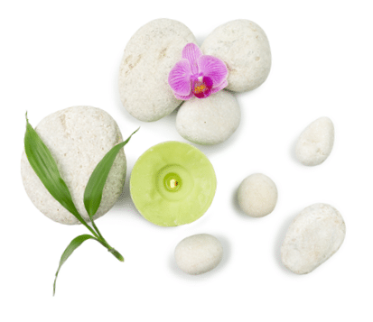White zen stones  orchid flower and green bamboo leaves isolated on white background