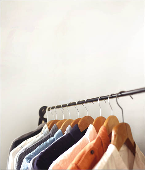 Open wardrobe is usually adapted for a small living space  The shirts, dresses or coats are hanged on a clothing rail, and some shelving at the bottom 