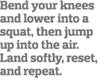 Bend your knees and lower into a squat, then jump up into the air  Land softly, reset, and repeat  