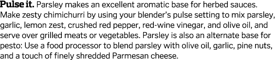 Pulse it  Parsley makes an excellent aromatic base for herbed sauces  Make zesty chimichurri by using your blender s    