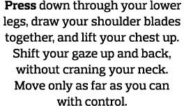  Press down through your lower legs, draw your shoulder blades together, and lift your chest up  Shift your gaze up a   