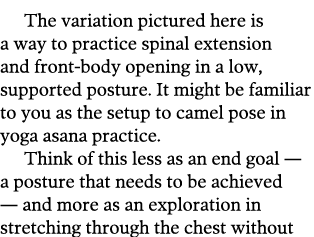 The variation pictured here is a way to practice spinal extension and front-body opening in a low, supported posture    