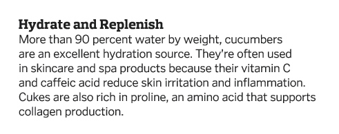 Hydrate and Replenish More than 90 percent water by weight, cucumbers are an excellent hydration source  They re ofte   