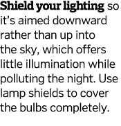 Shield your lighting so it s aimed downward rather than up into the sky, which offers little illumination while pollu   