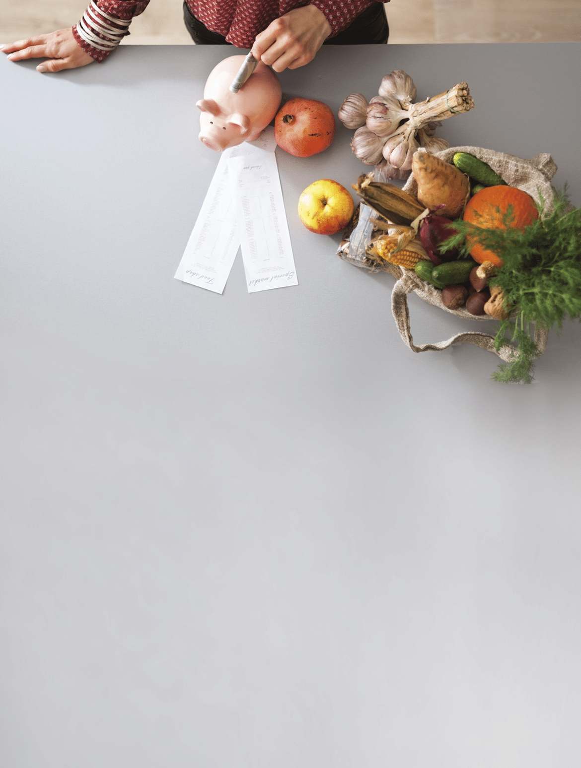 Closeup on young housewife putting money into piggy bank after shopping on local market
