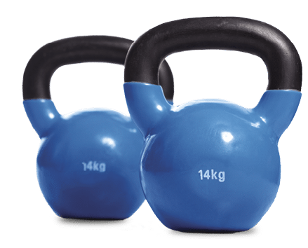Cast iron kettle bell with blue plastic coating  Isolated on white  studio shot  Canon EOS 1Ds mark III
