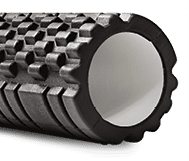 A black bumpy foam massage roller  Foam rolling is a self-myofascial release technique that is used by athletes and physical therapists to inhibit overactive muscles 