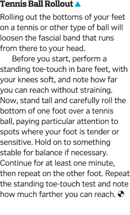 Tennis Ball Rollout  Rolling out the bottoms of your feet on a tennis or other type of ball will loosen the fascial b   