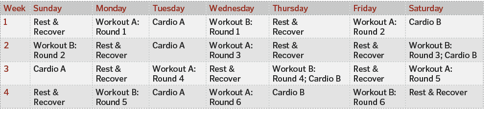 Week Sunday Monday Tuesday Wednesday Thursday Friday Saturday 1 Rest   Recover Workout A  Round 1  Cardio A Workout B   