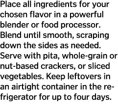 Place all ingredients for your chosen flavor in a powerful blender or food processor  Blend until smooth  scraping do   