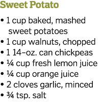 Sweet Potato   1 cup baked  mashed   sweet potatoes   1 cup walnuts  chopped   1 14 oz  can chickpeas   1 4 cup fresh   