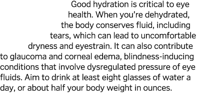 Good hydration is critical to eye health  When you re dehydrated  the body conserves fluid  including tears  which ca   
