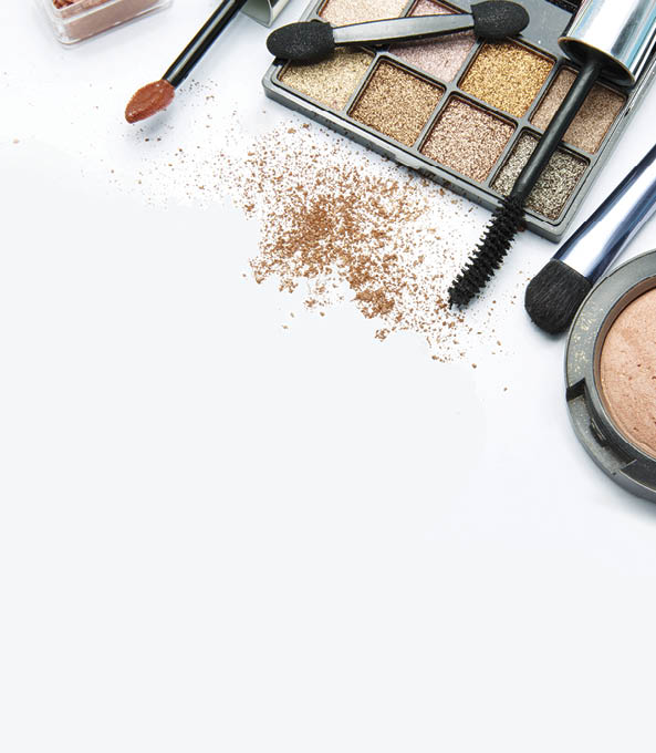 makeup products on white background