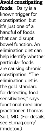 Avoid constipating foods  Dairy is a known trigger for constipation  but it s just one of a handful of foods that can   