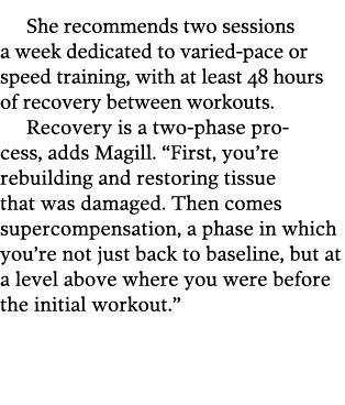 She recommends two sessions a week dedicated to varied-pace or speed training  with at least 48 hours of recovery bet   