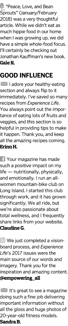    Peace  Love  and Bean Sprouts   January February 2018  was a very thoughtful article  While we didn t eat as much    