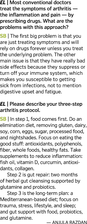 EL   Most conventional doctors treat the symptoms of arthritis — the inflammation and pain — by prescribing drugs  Wh   
