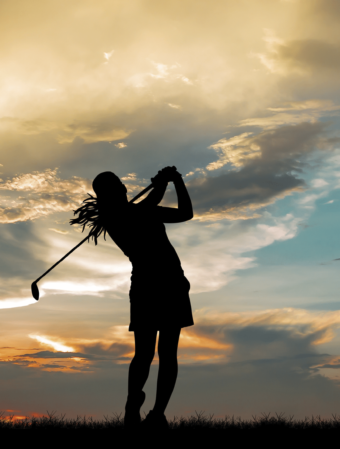 silhouette golfer playing golf during beautiful sunset