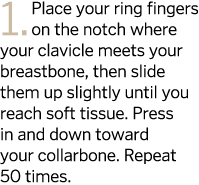 1  Place your ring fingers on the notch where your clavicle meets your breastbone  then slide them up slightly until    