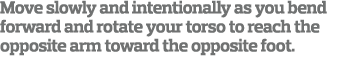 Move slowly and intentionally as you bend forward and rotate your torso to reach the opposite arm toward the opposite   