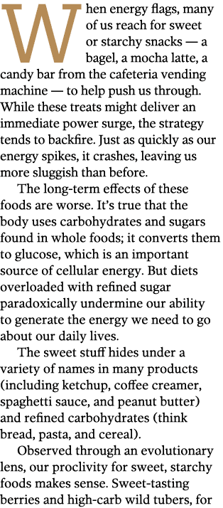 When energy flags  many of us reach for sweet or starchy snacks — a bagel  a mocha latte  a candy bar from the cafete   