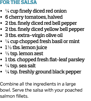 For the Salsa       cup finely diced red onion     6 cherry tomatoes  halved     2 tbs  finely diced red bell pepper    