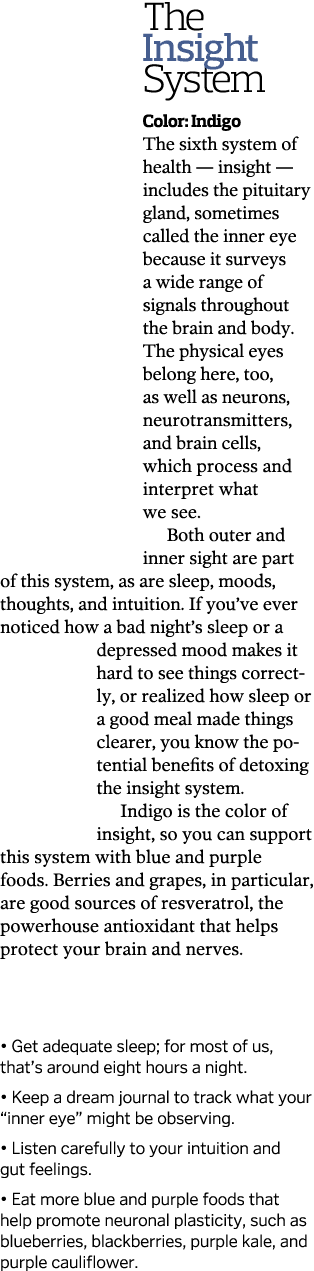 The Insight System Color  Indigo The sixth system of health — insight — includes the pituitary gland  sometimes calle   