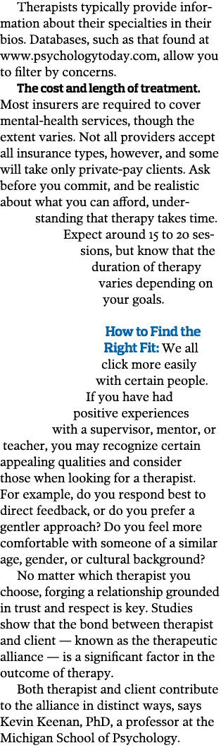 Therapists typically provide information about their specialties in their bios  Databases, such as that found at www    
