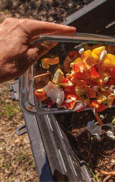 Cette photographie présente une personne en train de jeter dans un composteur des déchets verts (épluchures) afin de le réutiliser en jardinage 
