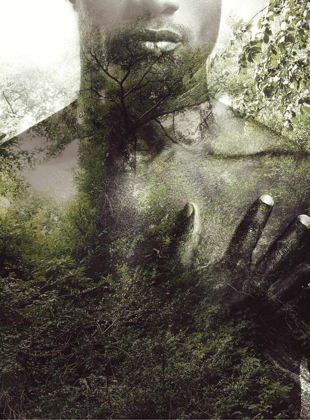 Digitally composed picture of shirtless young African man keeping hand on heart over the picture of green forest