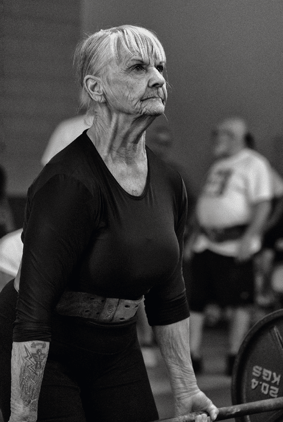  2019 David Burnett  Contact Press Images Feb 232019 Lakeland  FL Polk County Florida  Lakeland FL   at Deb s Gym Edith Traina  97   blue shirt  show pixie haircut plus other elderly Tampa based lifters 