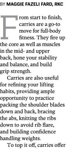 BY MAGGIE FAZELI FARD  RKC From start to finish  carries are a go-to move for full-body fitness  They fire up the cor   