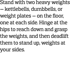 Stand with two heavy weights — kettlebells  dumbbells  or weight plates — on the floor  one at each side  Hinge at th   