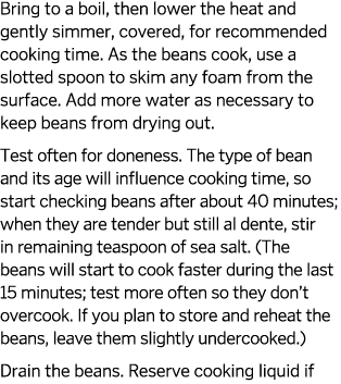 Bring to a boil  then lower the heat and gently simmer  covered  for recommended cooking time  As the beans cook  use   