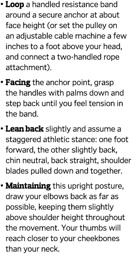    Loop a handled resistance band around a secure anchor at about face height  or set the pulley on an adjustable cab   