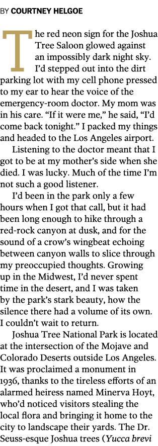 BY COURTNEY HELGOE The red neon sign for the Joshua Tree Saloon glowed against an impossibly dark night sky  I d step   