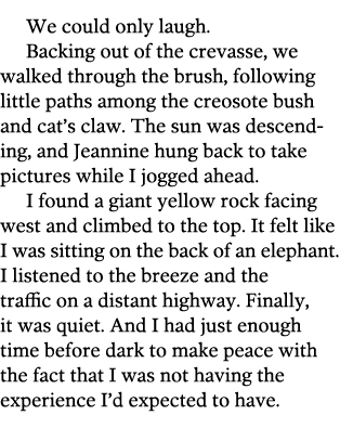 We could only laugh  Backing out of the crevasse  we walked through the brush  following little paths among the creos   