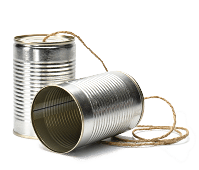  Two tin cans connected by string on white background  suggesting primitive  simplest form of communication  